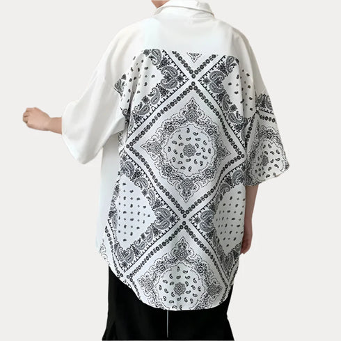 Patchwork bandana floral graphic oversized shirt with short sleeves and turn-down collar.